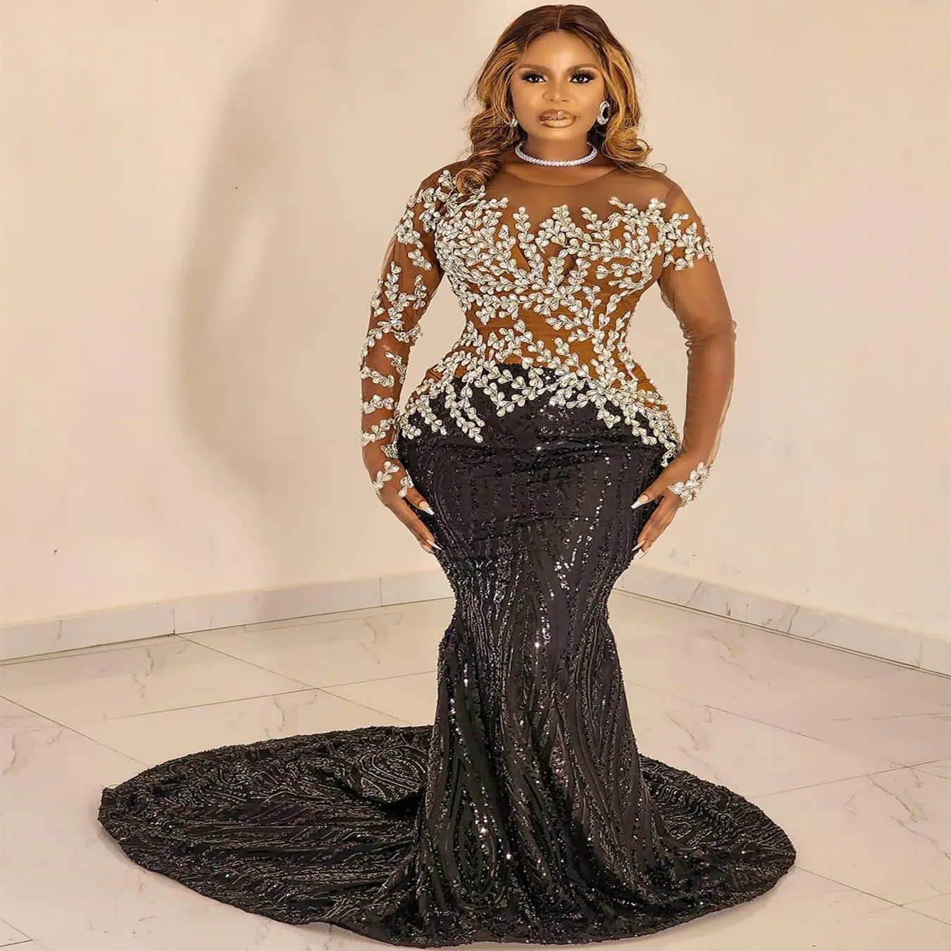 2024 ASO EBI Black Mermaid Prom Dress Floral Lace Illusion Evening Party Party Second Reception Födelsedagsengagemang Klänningar Klänningar Robe de Soiree ZJ394