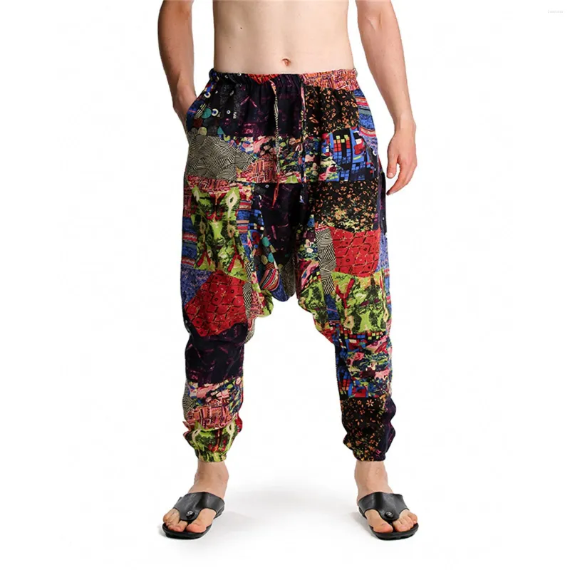 Men's Pants 2024 Ink Painting Printed Loose Cotton And Linen Print Flower Bouquet Feet Large Size Fashion Leisure Sports Small