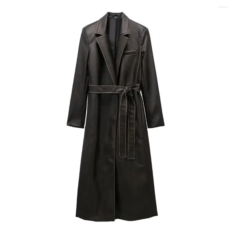 Trench Coats pour femmes 2023 Fashion épaisse en cuir artificiel chaud Long manteau à manches longues à manches longues accessoires chic