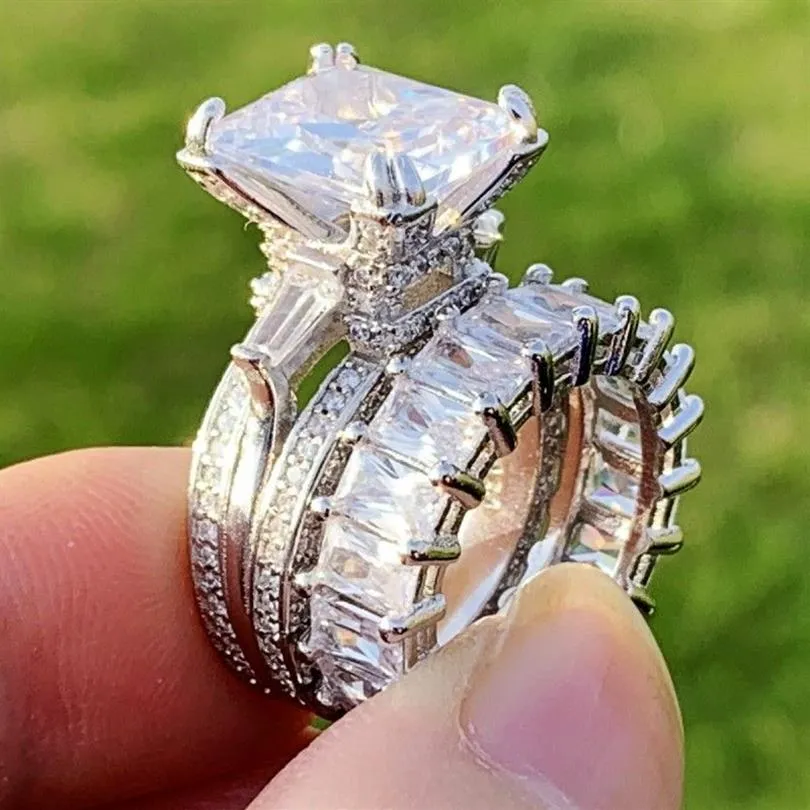 6ct Пара колец роскошные украшения 925 Стерлинговая серебряная принцесса Cut White Topaz Eiffel Party Женщины свадебные свадебные кольца подарок 277G