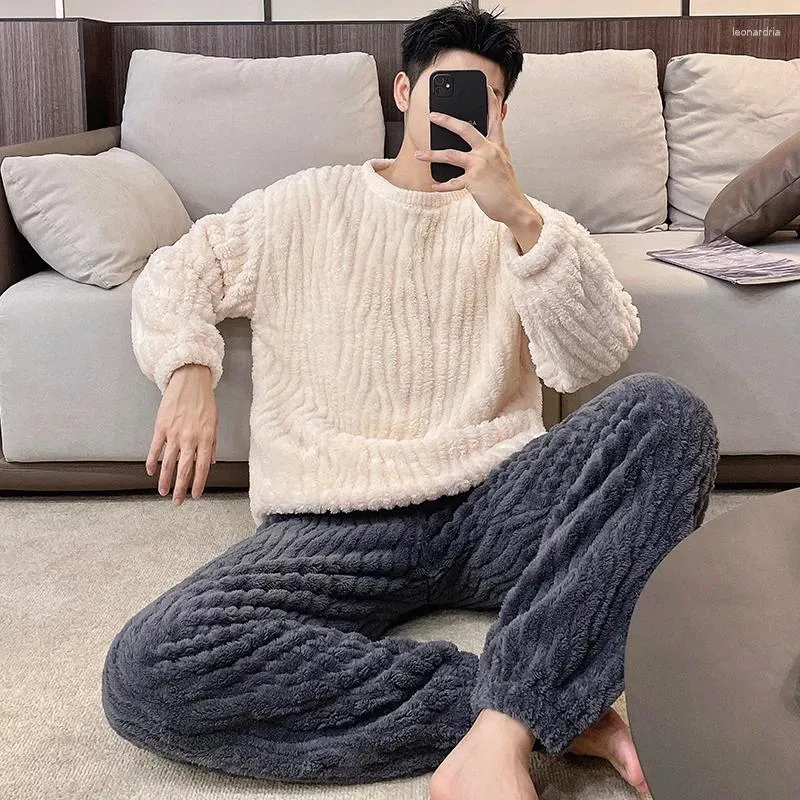 Herren Nachtwäsche Herbst und Winter Flanell Pyjamas Verdickte Koralle Fleece Jugendstudent warmer koreanischer Pijamas Casual Loungewear Hombre Pyjamas