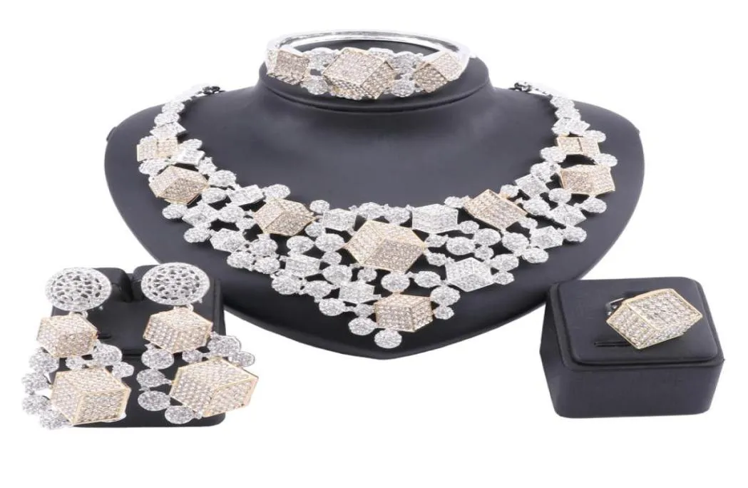 Afrikanska modesmycken set stereoskopisk fyrkantig hänge kristall stor halsband Dubai guld kvinnor armband örhängen ring för kvinnor8093874799