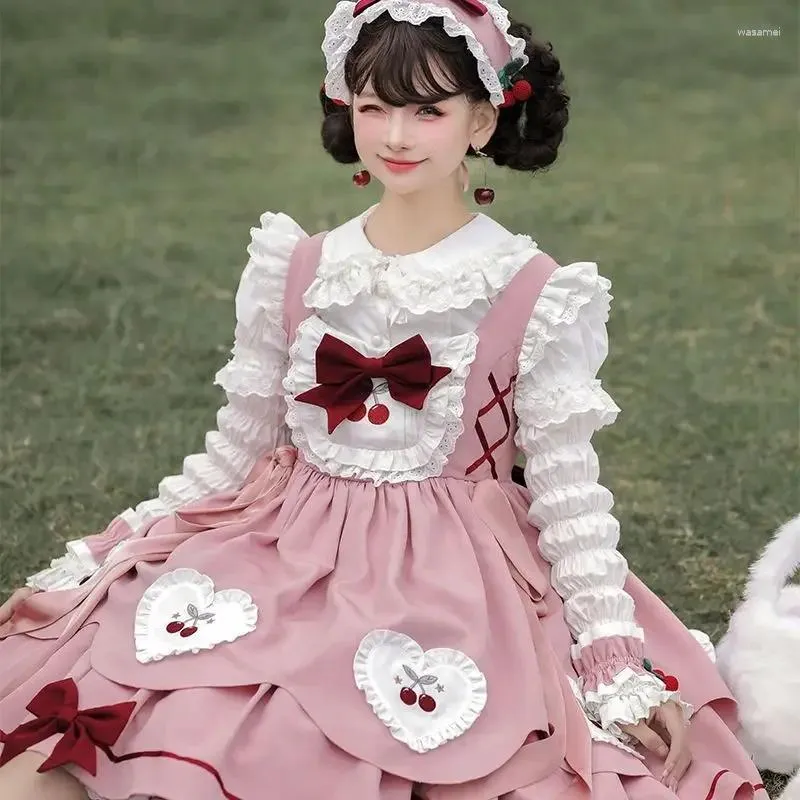 Casual Dresses Autumn and Winter Sweet Lolita JSK Dress Cute Cherry Brodered Ruffles Strap Kawaii Bow Big släp kvinnor