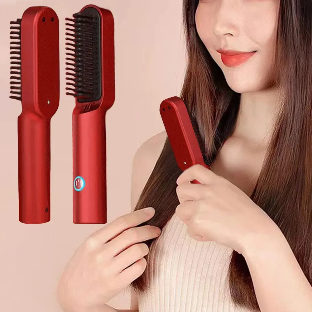 2 in 1 Hair Straightener Brush Ceramic Rechargeable Curler Autoshutoff Mini Curls Styling Tool 231225