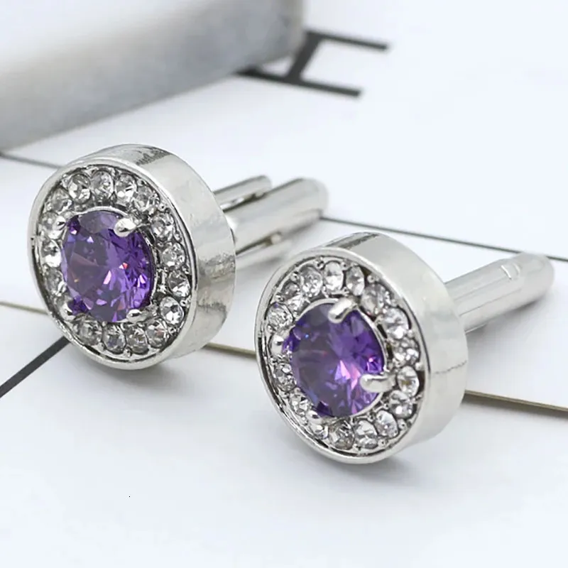 Boutons de manchette ronds délicats pour hommes et garçons, cristal violet, luxe, haute qualité, chemises françaises, boutons de manchette, bijoux masculins, cadeaux 231225