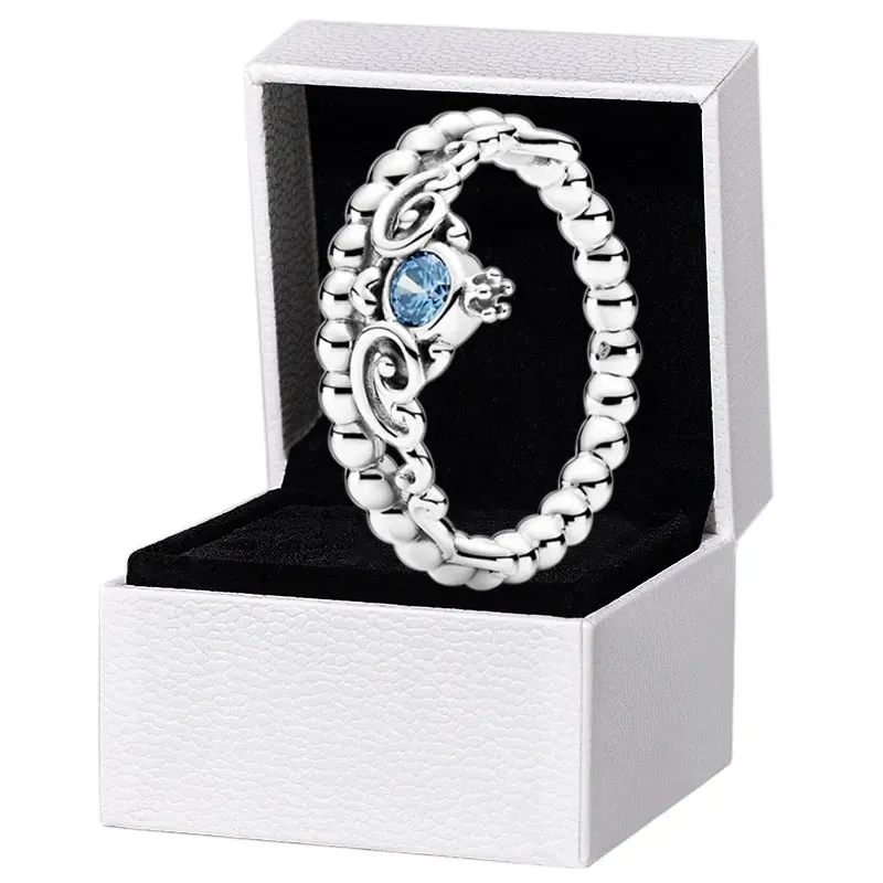 Nuevo anillo de tiara azul auténtico para mujeres de plata esterlina Joya de boda de joyas para la novia Regalo para anillos de corona con set de cajas originales