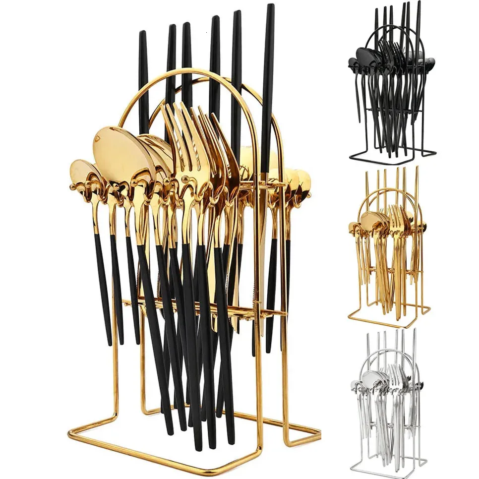 Jankng 24pcs set di stoviglie set di posate in acciaio inossidabile set da cucina tavolo da cucina cucchiaio a forcella posate in orologio in oro nero per 6 231222