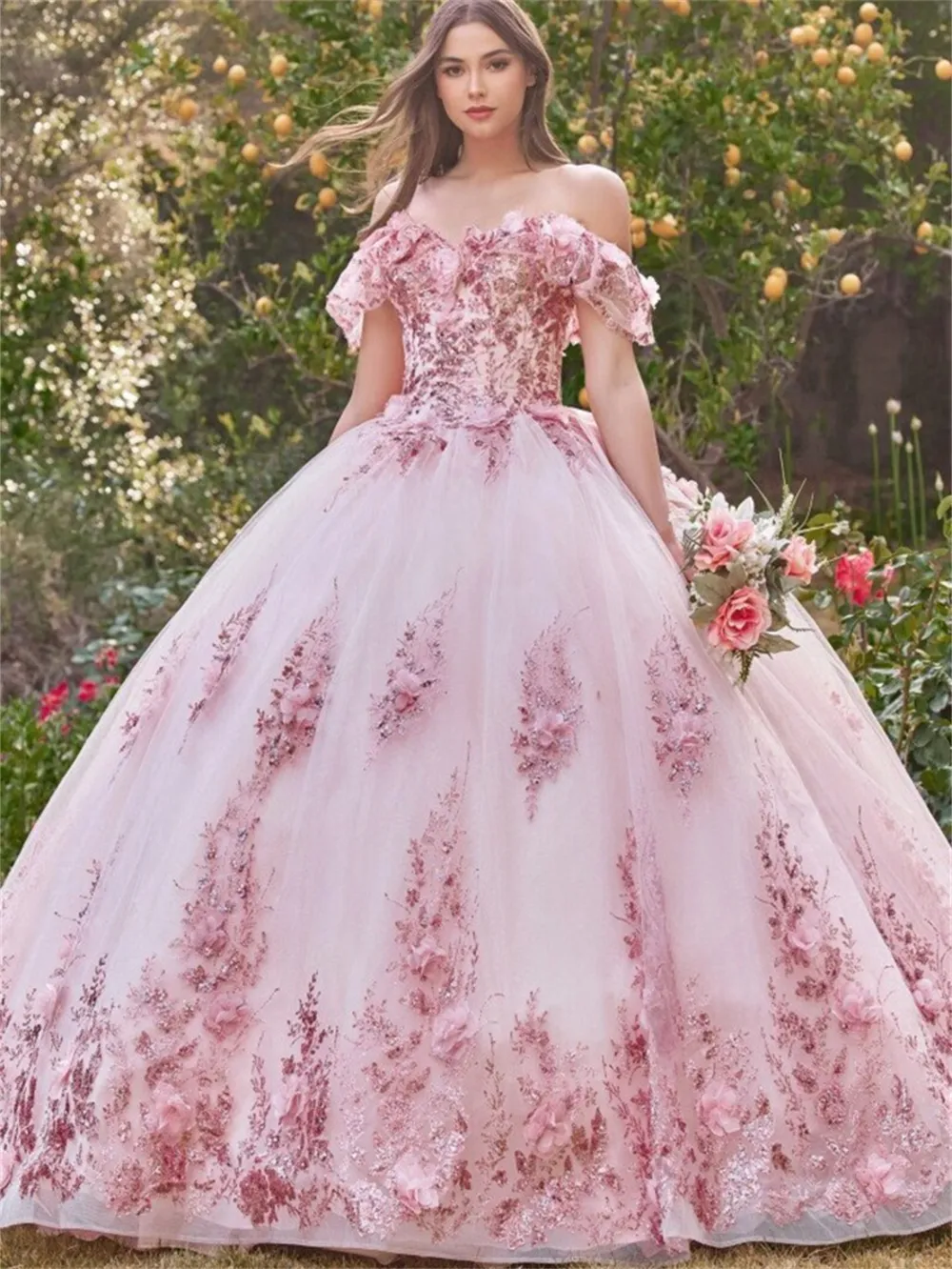 Tyll 3d blommor applikationer bollklänning quinceanera klänningar från axel älskling vestidos de 15 quinceanera korsett prom klänning födelsedagsfest klänning