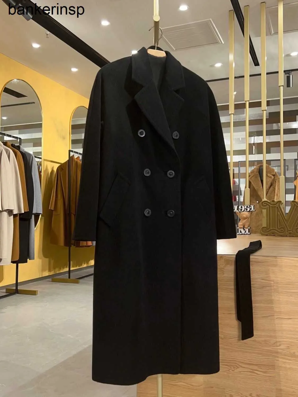 Top Luxusmantel Maxmaras 101801 Mantel aus reiner Wolle Winter Classic Schwarz Zweireihiger Kaschmirmantel für Männer und Frauen Hochwertiger langer Mantel