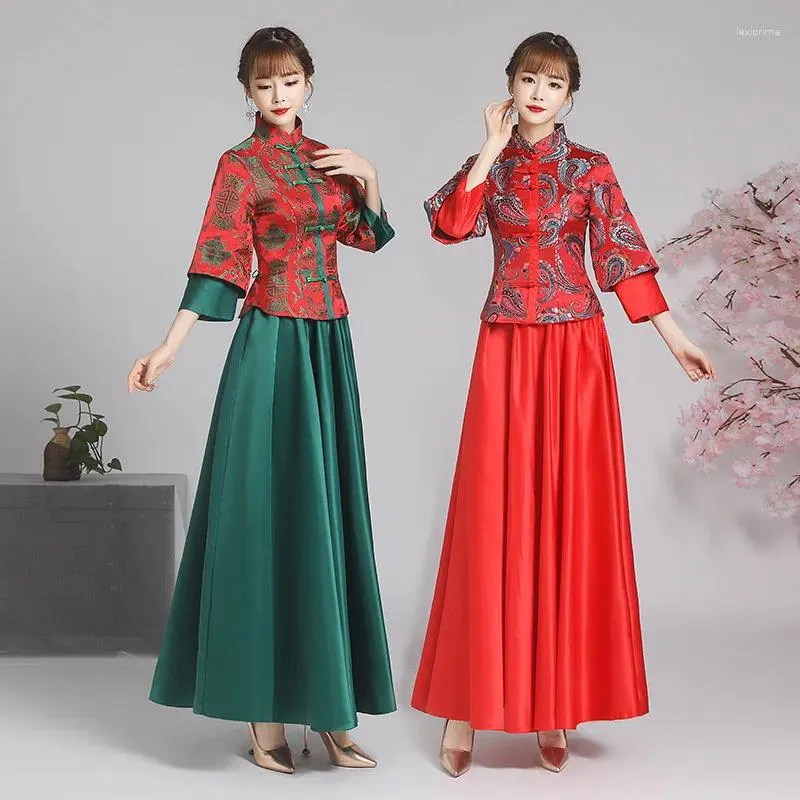 Ethnic Clothing Chinese Style Bridesmaid Team Qipao Vintage Mandarin Collar Cheongsam Button Down Dress Wedding Dressing Gown Set