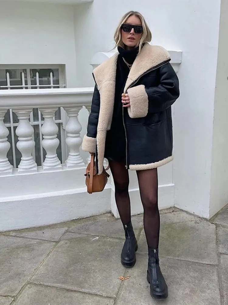 Elegante moda shearling das mulheres engrossar casaco chique lapela manga comprida bolso jaqueta de couro inverno senhora alta streetwear 231225