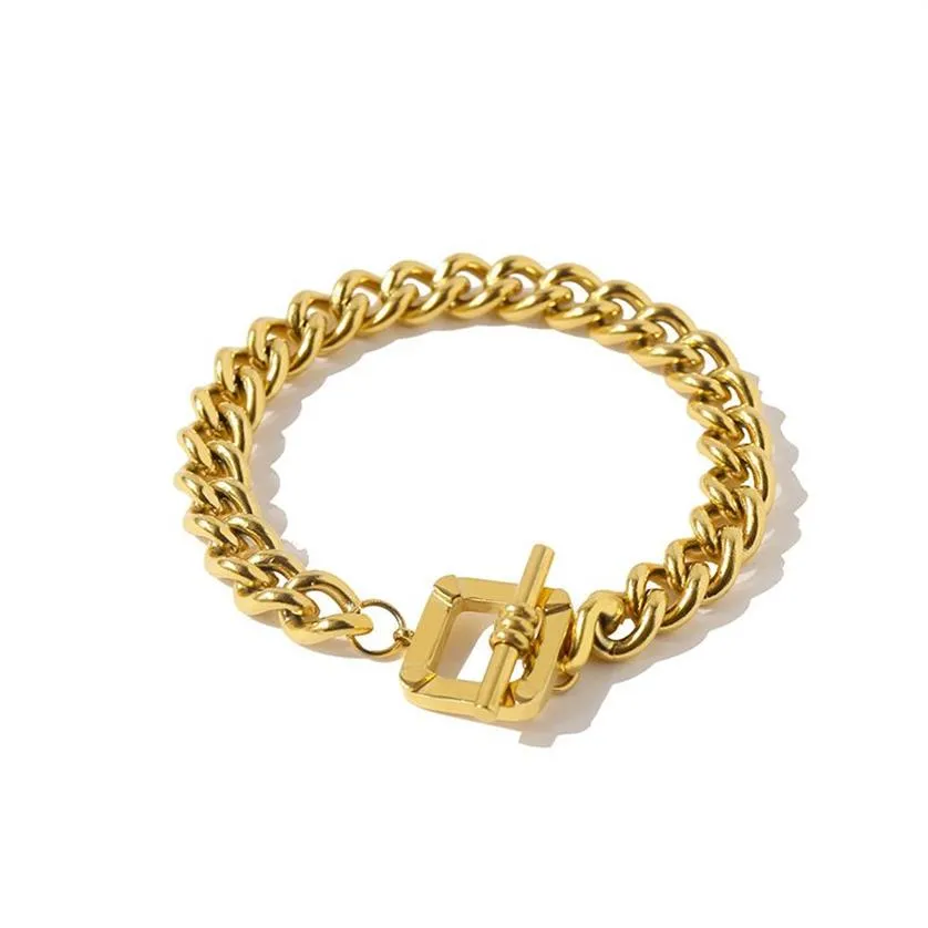 Nieuwste mode 18k Sun Gold Full Metal Roestvrije vierkante gesp bracelet Interlocking Dikke Chain240X