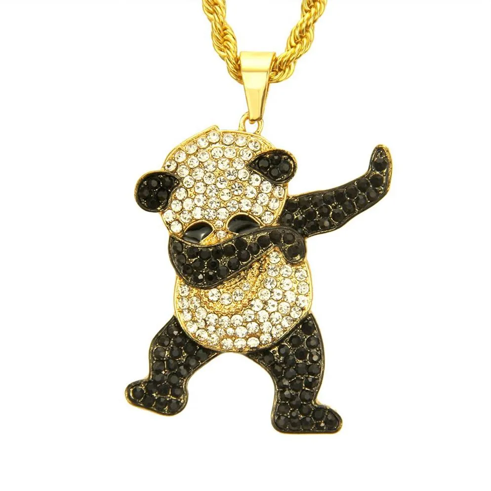 Hip Hop Dancing Funny Animal Panda Iced Out Pendant med Gold Chain Rock -halsband för Mens smycken Gift303o