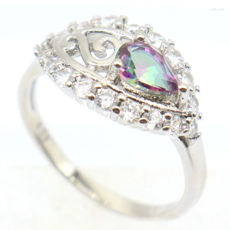 Cluster Rings 19X11mm Charming Hollow Fire Rainbow Mystic Topaz White CZ Women Daily Wear Silver Wholesale