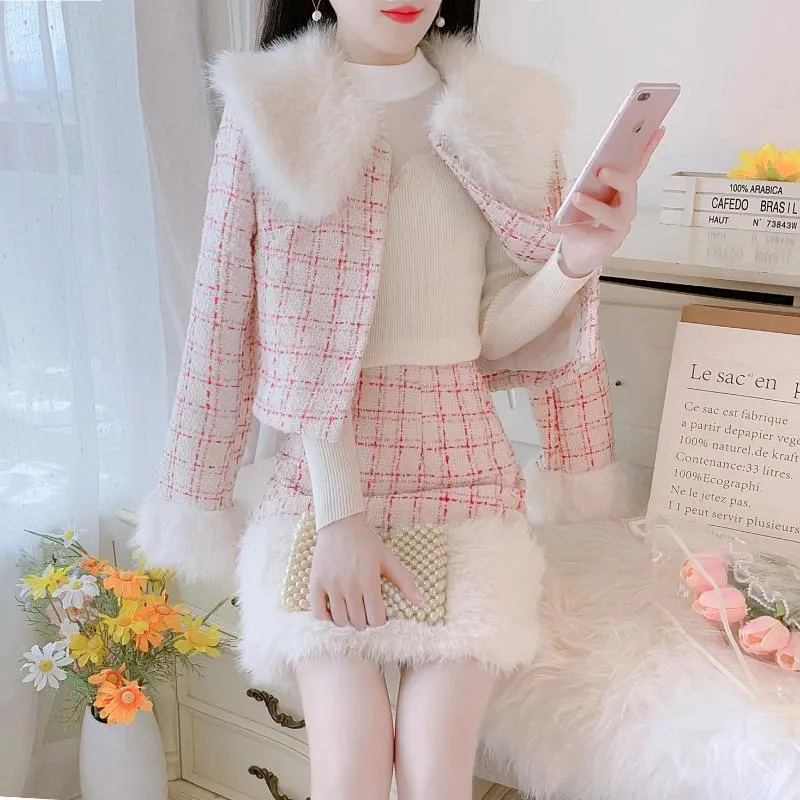İş elbiseleri Kore tatlı küçük koku tüvit patchwork kürk lüks 2 adet kadın ceket ceket etek setleri moda takımları sonbahar kış