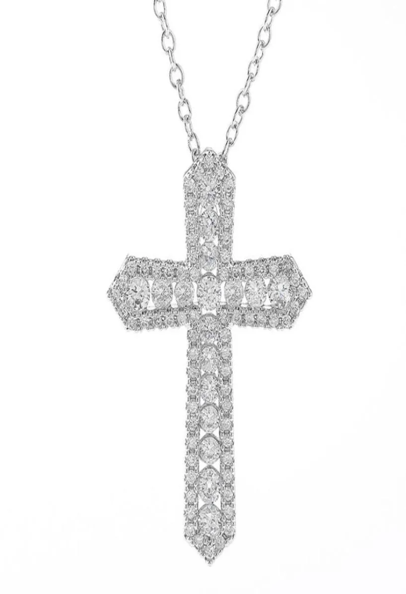 Unikalna biżuteria Hip Hop Vintage Sparśkowanie 925 Sterling Silver Full White Topaz Cross Party Party Women Men Mężczyzn Wedding Naszyjnik 7211755