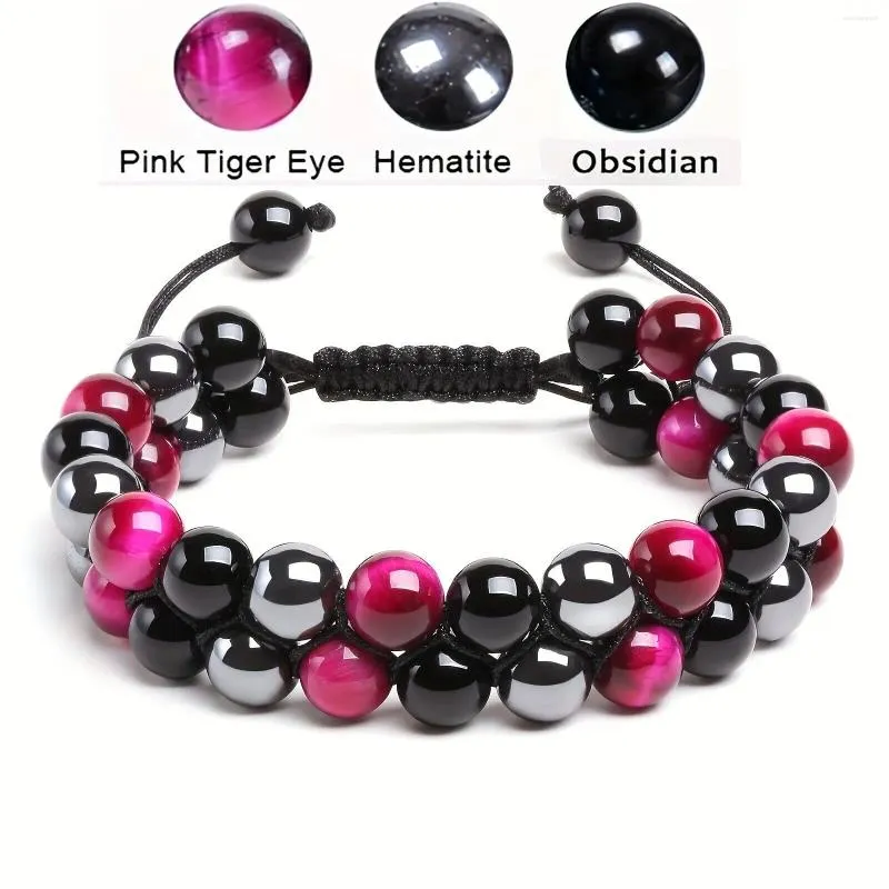 Strand Double-Layer Natural Stone Bracelet Red Tiger Eye Obsidian Bead Double Row Braided For Men Casual Fashion Jewelry