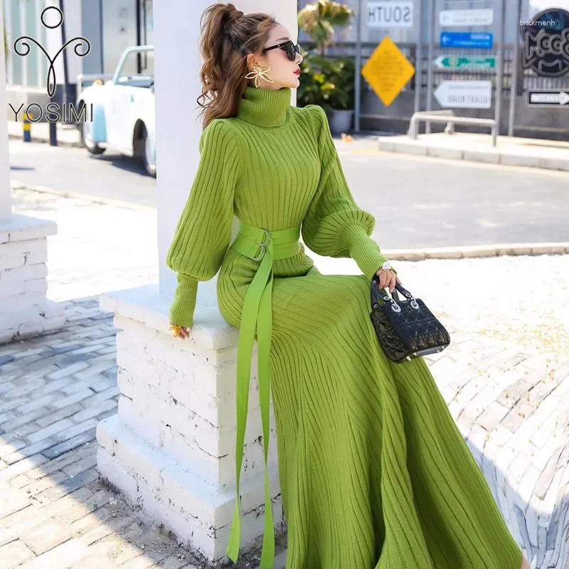 Abiti casual Yosimi Long Women Dress Elasticità del scollo 2023 Autunno inverno Sleeve Green