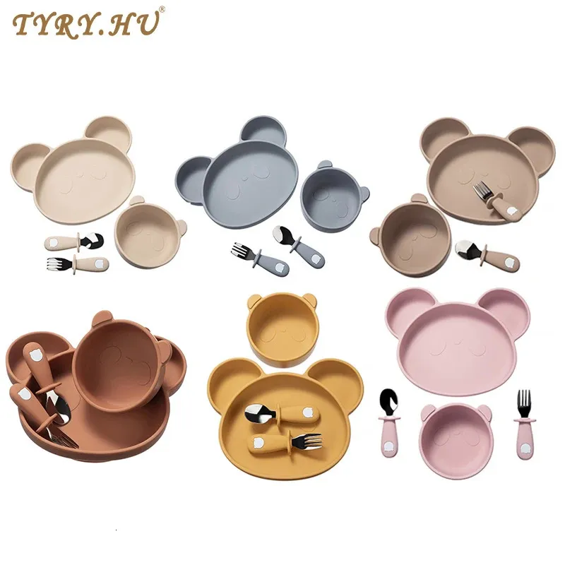 TYRY.HU 4Pcs Baby Silicone Dishes Dining Bowls Cartoon Panda Shaped Tableware Feeding Plates Bowl Fork Spoon BPA For 231225