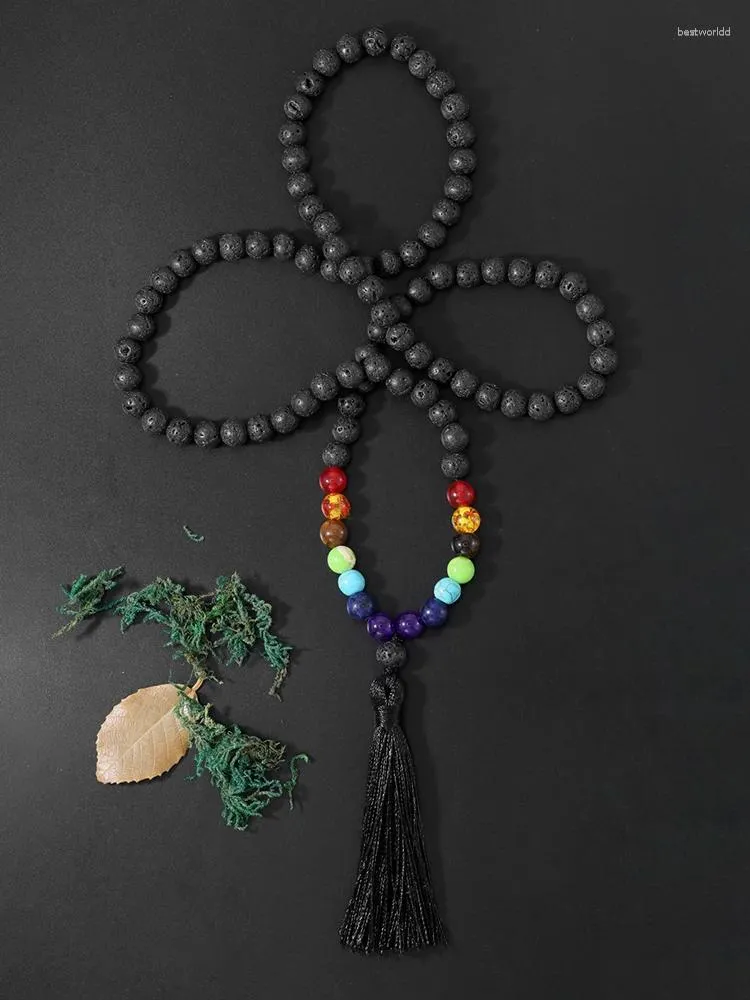 Pendant Necklaces YUOKIAA Natural Black Lava Volcano Stone&7 Chakra Beaded Silk Tassel Long Necklace Spiritual Buddha Jewelry Gift