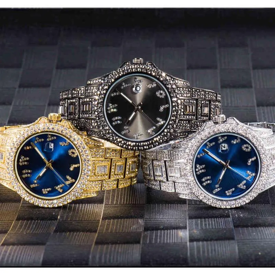 Wasserdichte Männer Quarz Armbanduhren stilvolle klassische Ice Out Diamond Uhren Männer Lünette Sunburst Dial Watch Montre Homme260c