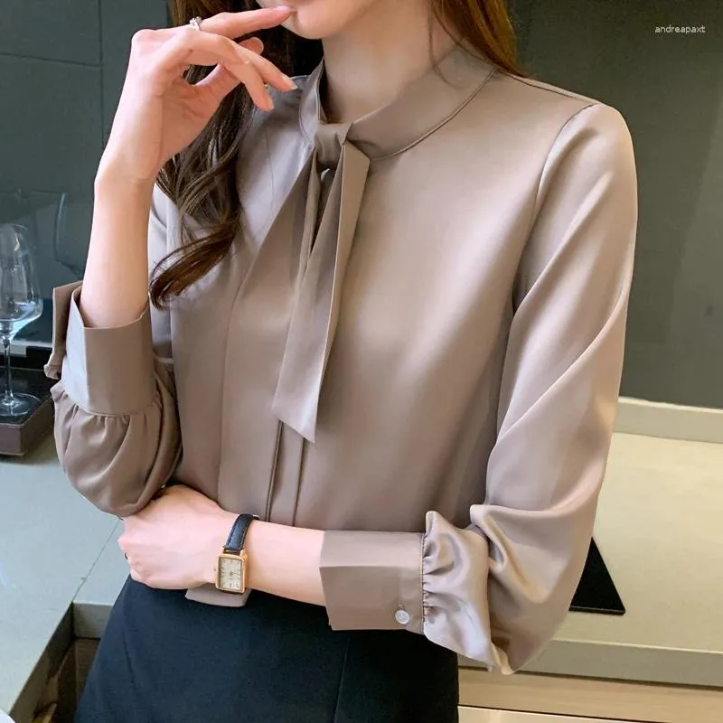 Kvinnor Blues Office Lady Long Sleeve Shirts med Bow Chic Elegant Satin Shirt for Women Tops Solid Color Female Clothing Blusa 19261