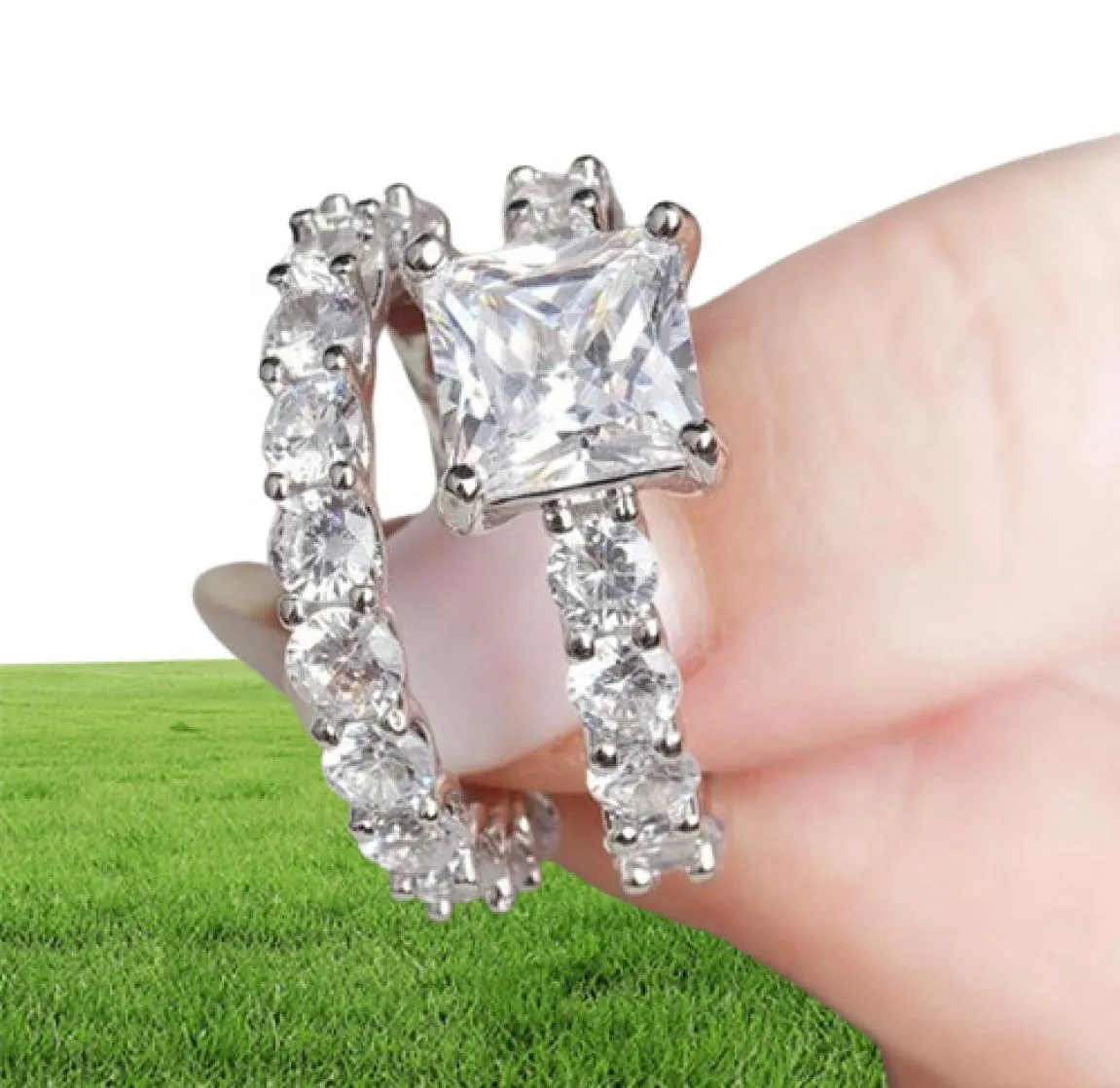 Jóias de luxo espumante 925 Sterling Silver Fill Princess Cut Topaz Topázio CZ Diamante Partido Banda de noivado de casamento Ring para Women9022099