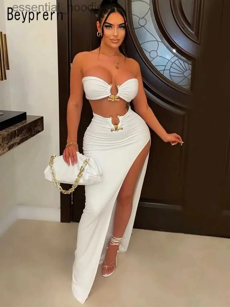 Two Piece Dress Beyprern New Chic Gold Ring Bandeau Slit Skirt Two-Piece Set Womens Beautiful Off Shoulder Matching Skirt Set Nightclub Outfits L231225