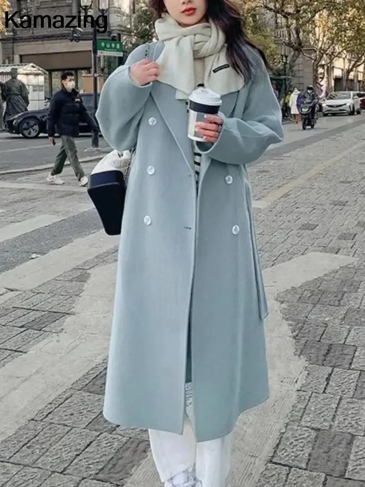 Autumn Winter Loose Woolen Coat for Women Casual Solid Outerwear With Belted Korean Fashion Chic Female Overcoat Clothes 231225