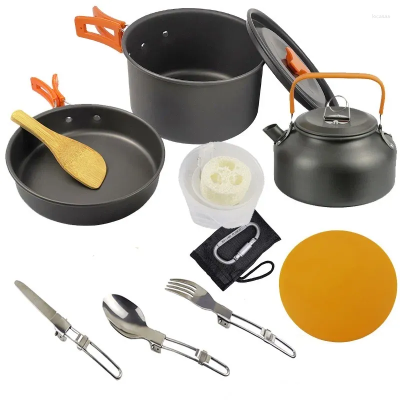 Cookware Sets Camping Cooking Set Ultra-light Aluminum Alloy Utensils Teapot 2-3 People Tableware Kettle Pot Frying Pan Combination