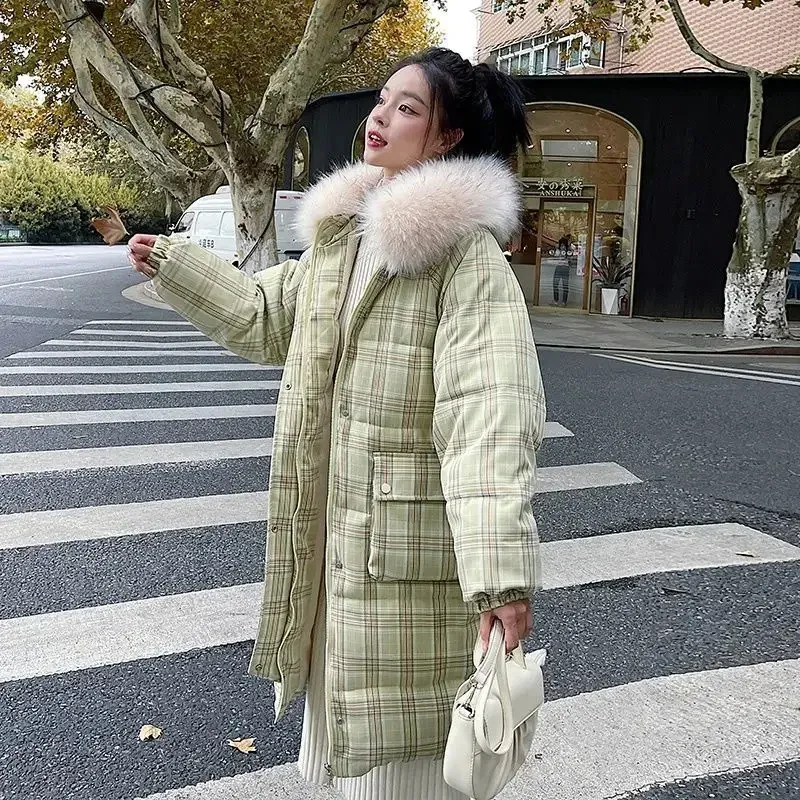 Robe coréenne à carreaux en coton pour femme, manteau à capuche et col en laine, mi-long, veste chaude épaisse, hiver, 231222