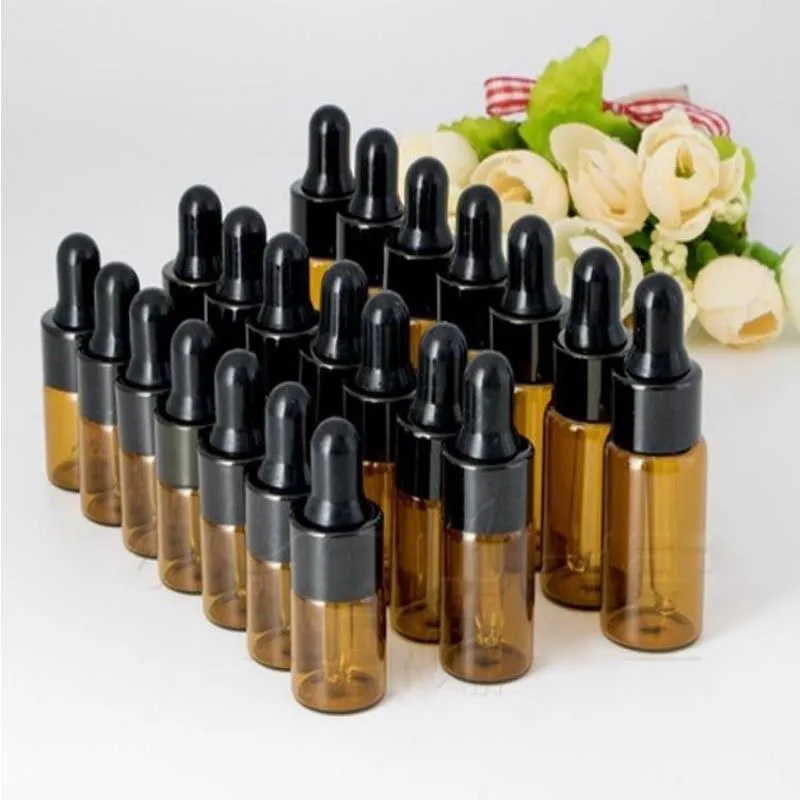 Piccolo vetro marrone 1 ml 2 ml 3 ml 5 ml Fials e-liquid bottiglia di gocce in vetro campione di olio essenziale olio essenziale bottiglia e-juice 2000pcs/lotto kcisv