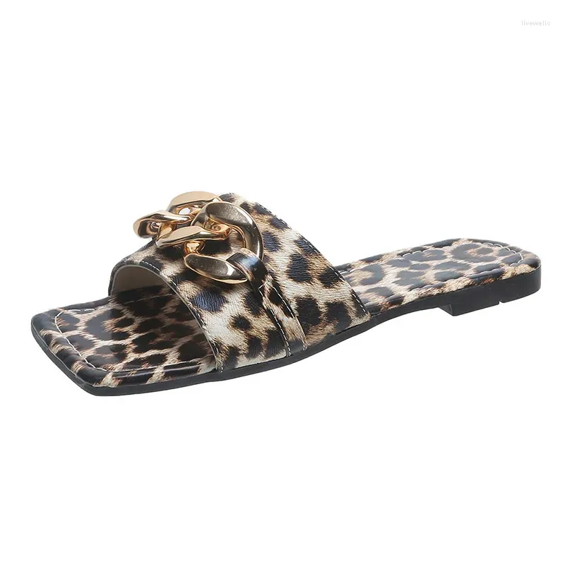 Slippers Plus Size 35-43 Flat Leopard Women European American Metal Chain Square Toe Shoes Sandals