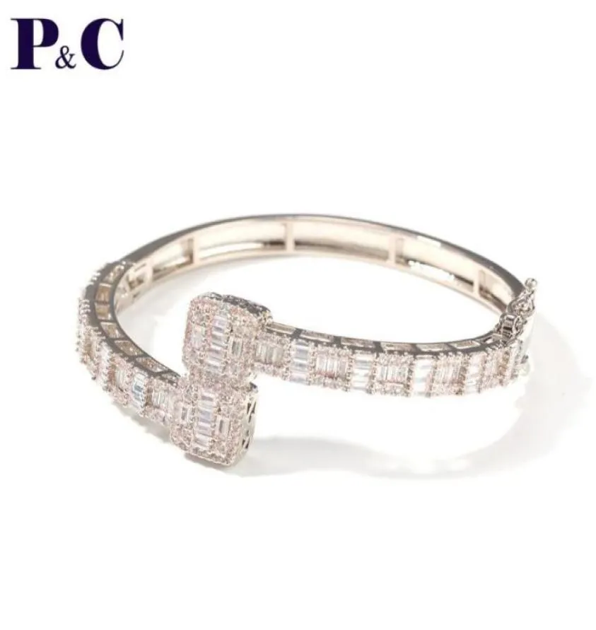 Mode Iced Out CZ Baguette Open Armband Luxury Gold 64mm Bredd för män Kvinnliga rappare smycken Bangle6693309