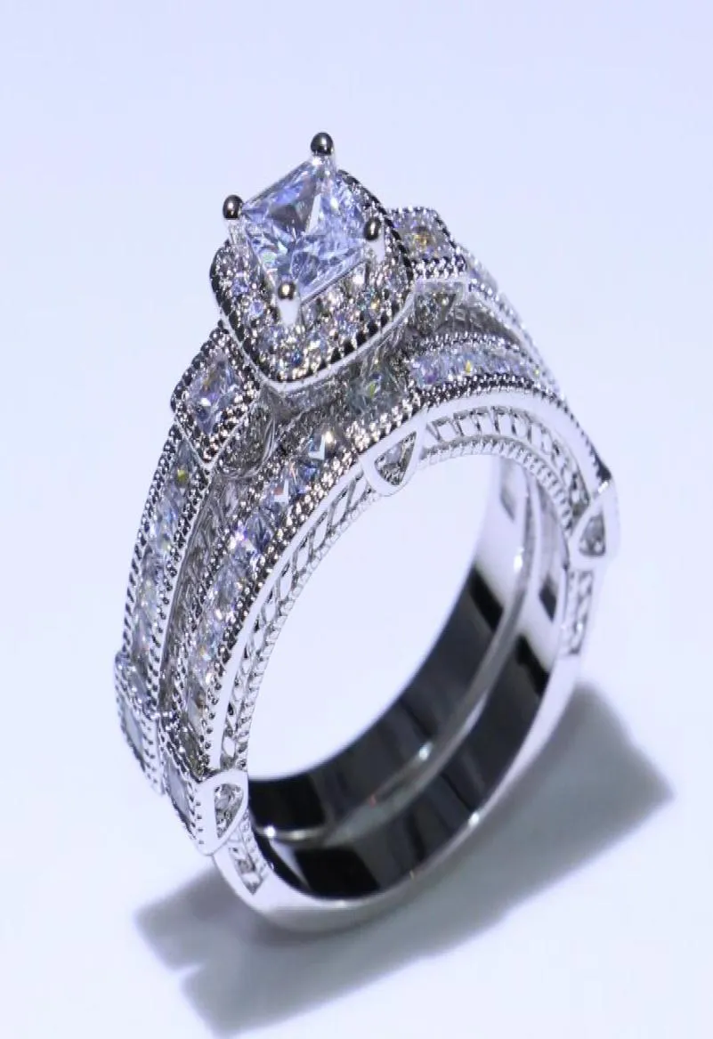 Moda vintage jóias 925 prata esterlina princesa corte branco topázio cz diamante eternidade casal anéis de casamento anel de noiva conjunto fpr 5854666