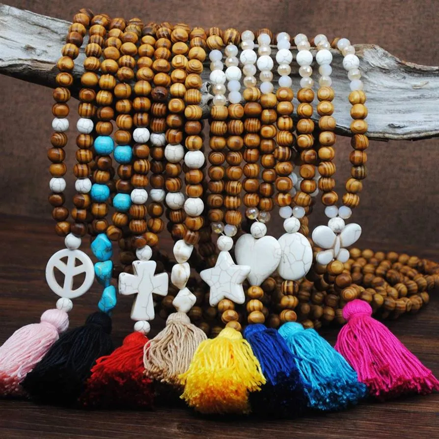 Dichiarazione lunga tassel Collana a ciondolo Collana fatta perle in legno annodate a mano gioielli di Buddha per donne Collane in pietra in legno 281p 281p