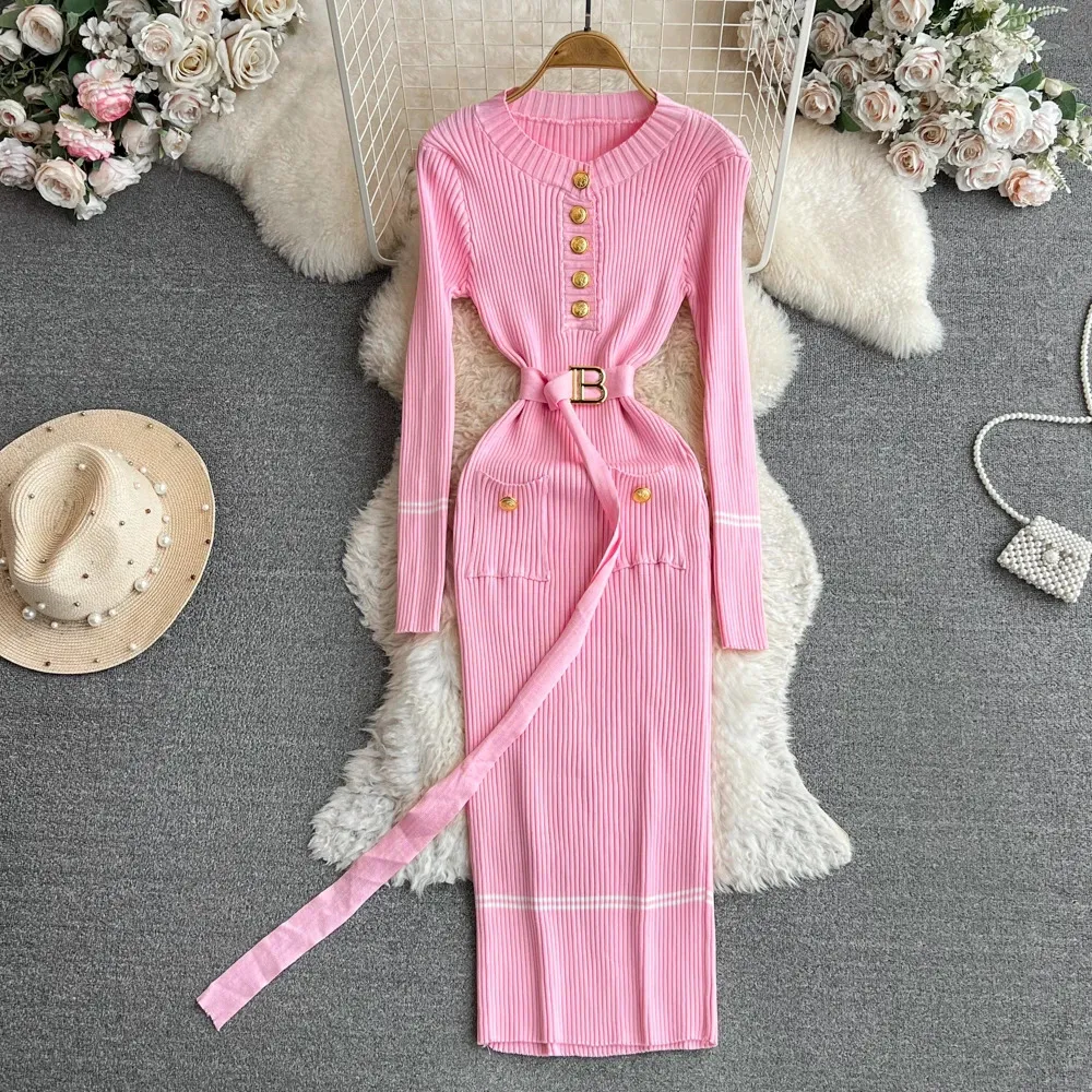 YuooMuoo Women Dress Autumn Winter Elegant Rib Knit Long Pencil Dress with Belt Office Lady Bodycon Sweater Dress Vestidos 231225