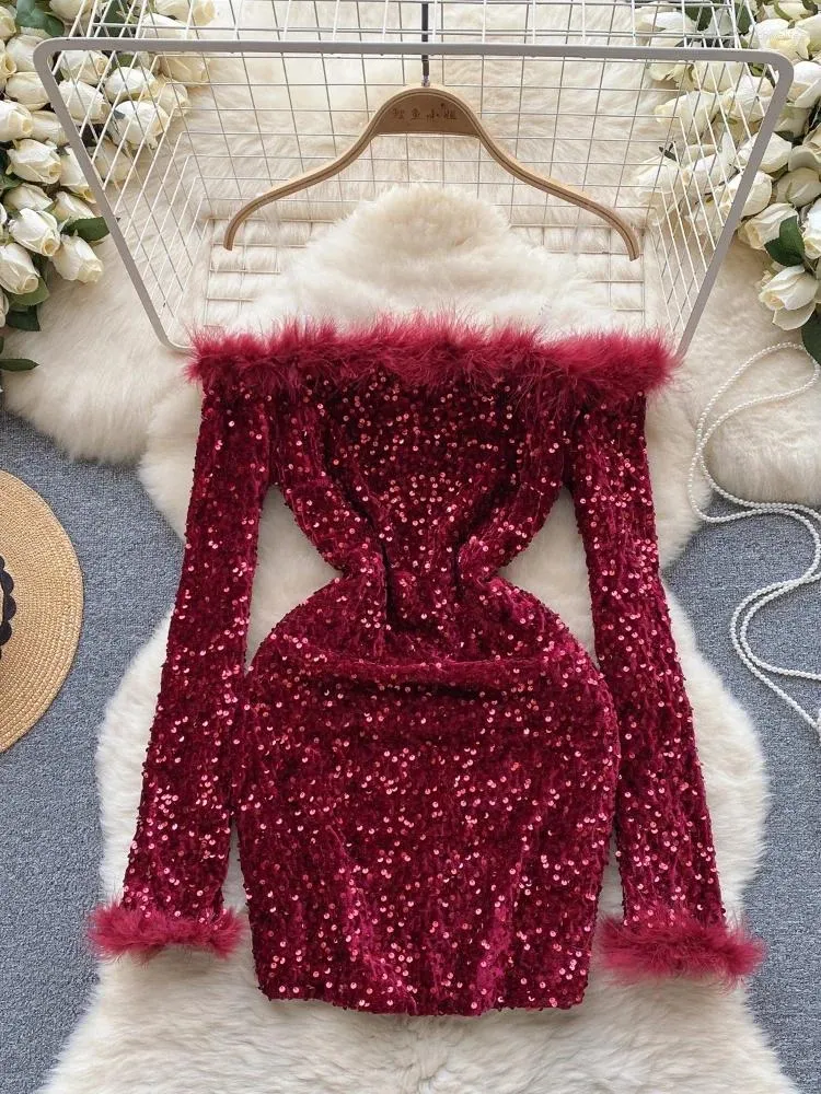 Casual Dresses Off The Shoulder Sexy Dress Women Sequin Feather Tight Bodycon Summer Long Sleeve Club Party Vestidos