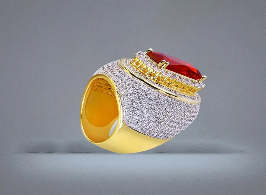 Mannen Luxe Hip Hop Red Ruby Ringen Micro Pave Zirconia Bling Bling Gesimuleerde Diamanten 18K Vergulde Ring61191986596560