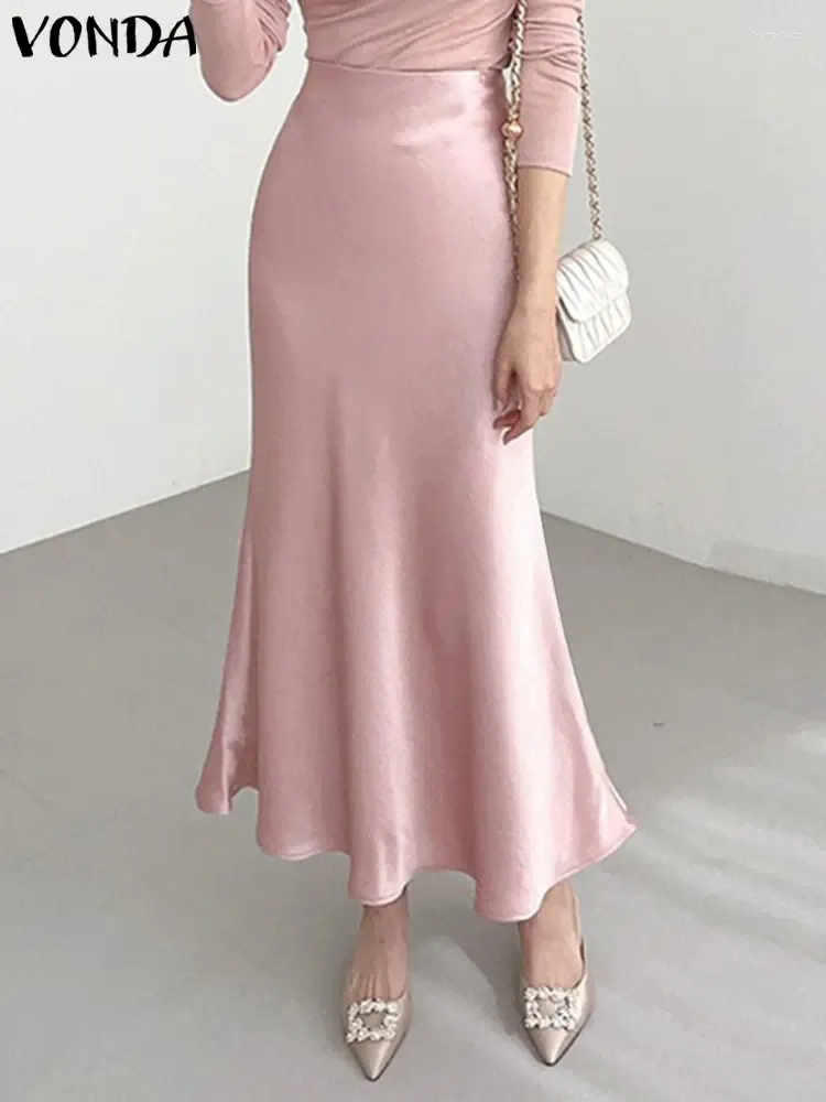 Jupes Vonda élégant satin femmes taille haute décontractée couleur unie maxi bas 2023 été plissé lâche streetwear long