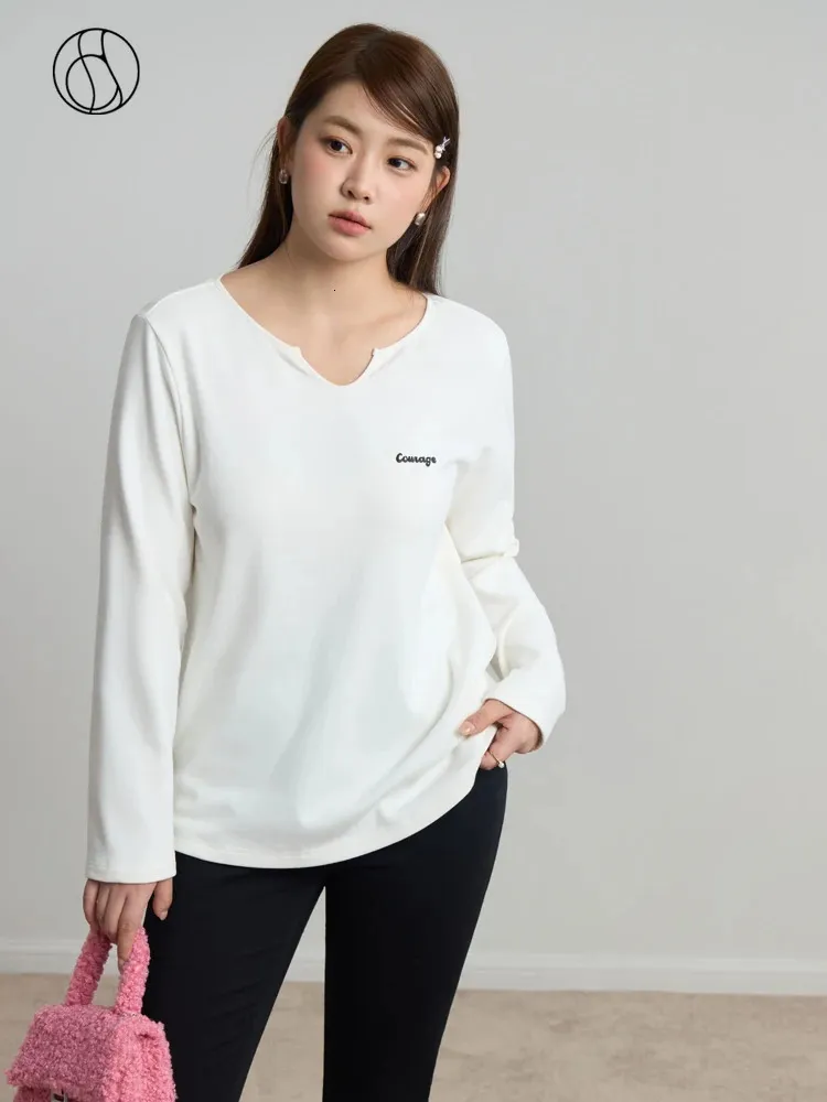 Dushu Kvinnors enkla lösa casual t -skjorta vinterplysch bomull elastisk stickad dubbelsidig toppar för kvinnor vit full ärm 231222