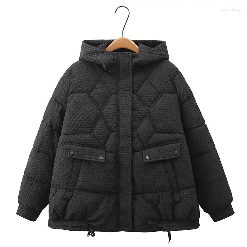 Женские траншеи Coats Winter Korean Большой размер Black Down Cotton Jacket 2023 Случайное простое пальто с капюшоном с капюшоном Z3373