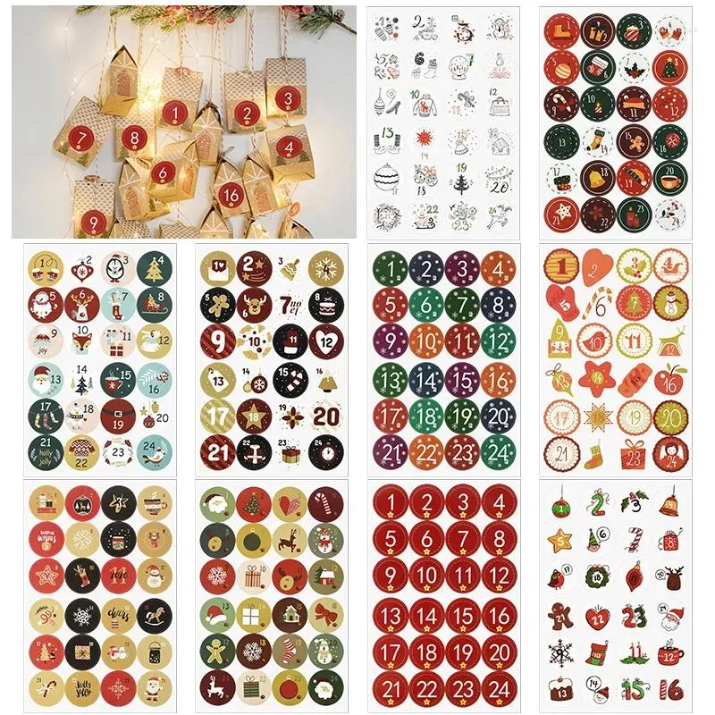 Enveloppe-cadeau 24pcs Joyeux Noël Numéro de papier Autocollants Avent Calendrier DIY Scellant Cadeaux Emballage Adhésif Étiquettes Année de Noël Decoration