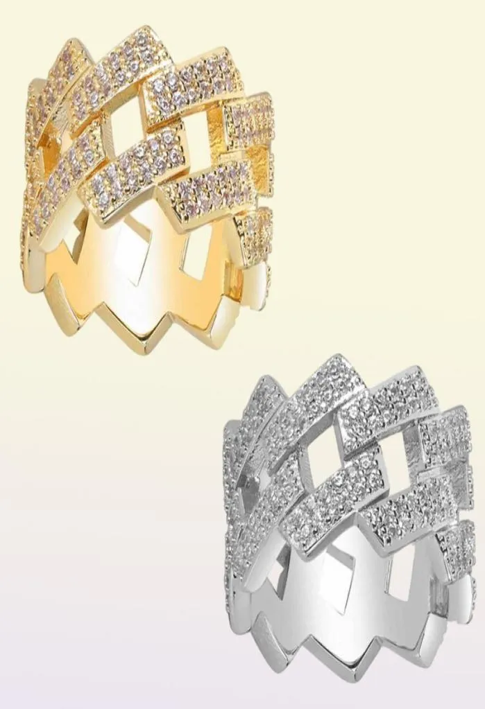 Z bocznymi kamieniami Pierścienie 14 mm Diamentowy Kubański Pierścień Hiphop Jewelryjka Złoty Złota Projekt Osobowość Para marka mody 1198751