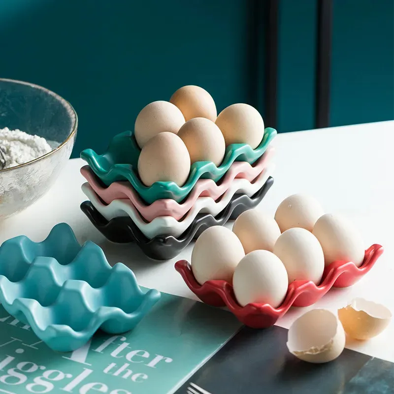 Bandeja de armazenamento de ovos de cerâmica criativa, cor sólida, seis grades, rack retangular doméstico, utensílios de cozinha 231225
