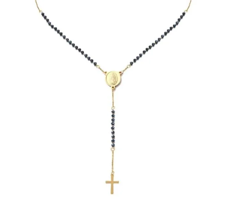 Pendanthalsband Katolska rostfritt stål Rosarinpärlor Kedja Y Form Virgin Halsband för kvinnor Män religiösa Cross Jewelry7893250