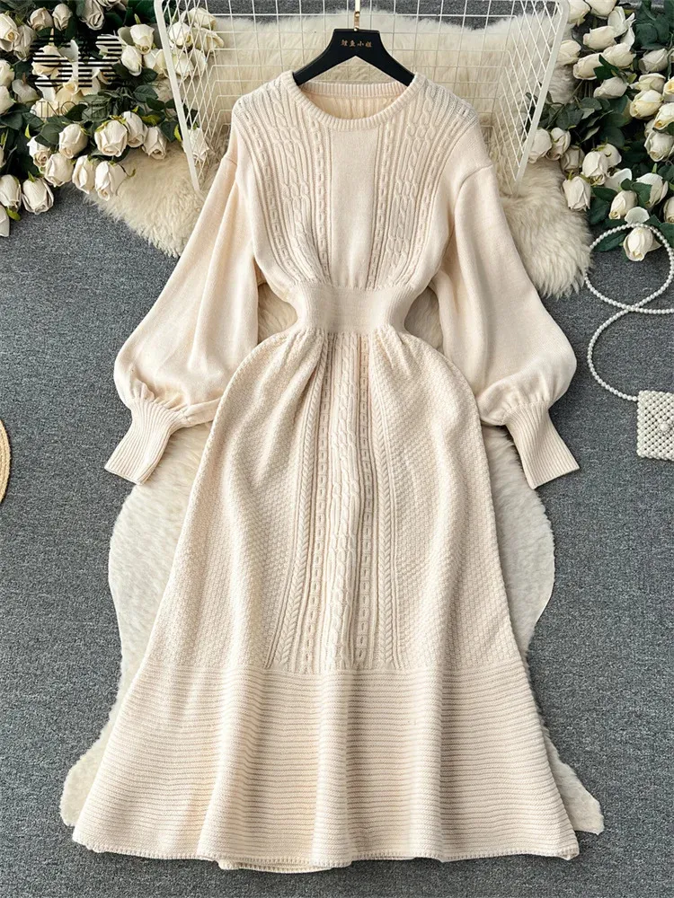 SINGREINY Loose Casual Knit Long Dress Women Solid Elastic Waist Lantern Sleeve O Neck Ladies Fashion Winter Sweater Dresses 231225