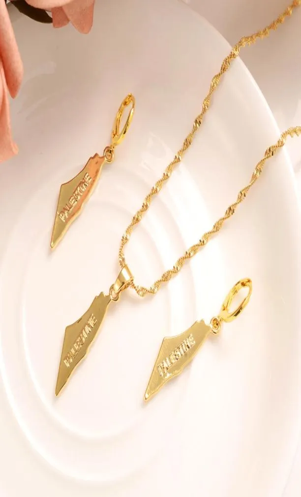 Orecchini pendenti in oro giallo massiccio 18 k fine Collana con mappa della Palestina Collana con ciondoli d'onore Catena di gioielli da festa Donna8381540