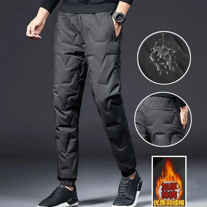 Winter Mens Casual Thicken Trouser Cotton-padded Trousers Men Solid Thick  Warm Pants Elastic Waist Down Cotton Waterproof Pants 231225