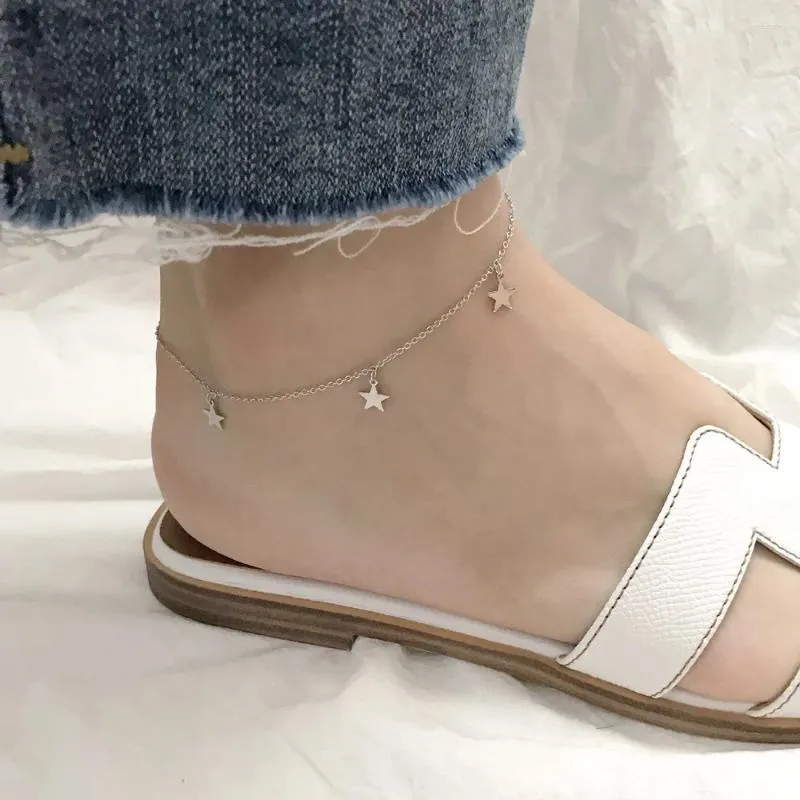 anklets lindajoux simple 925スターリングシルバービーズ磨き棒星charch for women s925足首ブレスレット調整可能な長さ